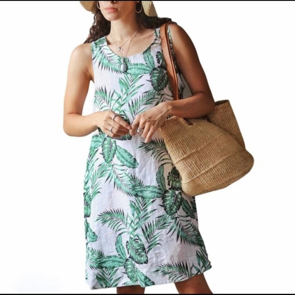 C&C California Californialinen Dress Palm Leaf Tropical Vacation Linen Summer XS